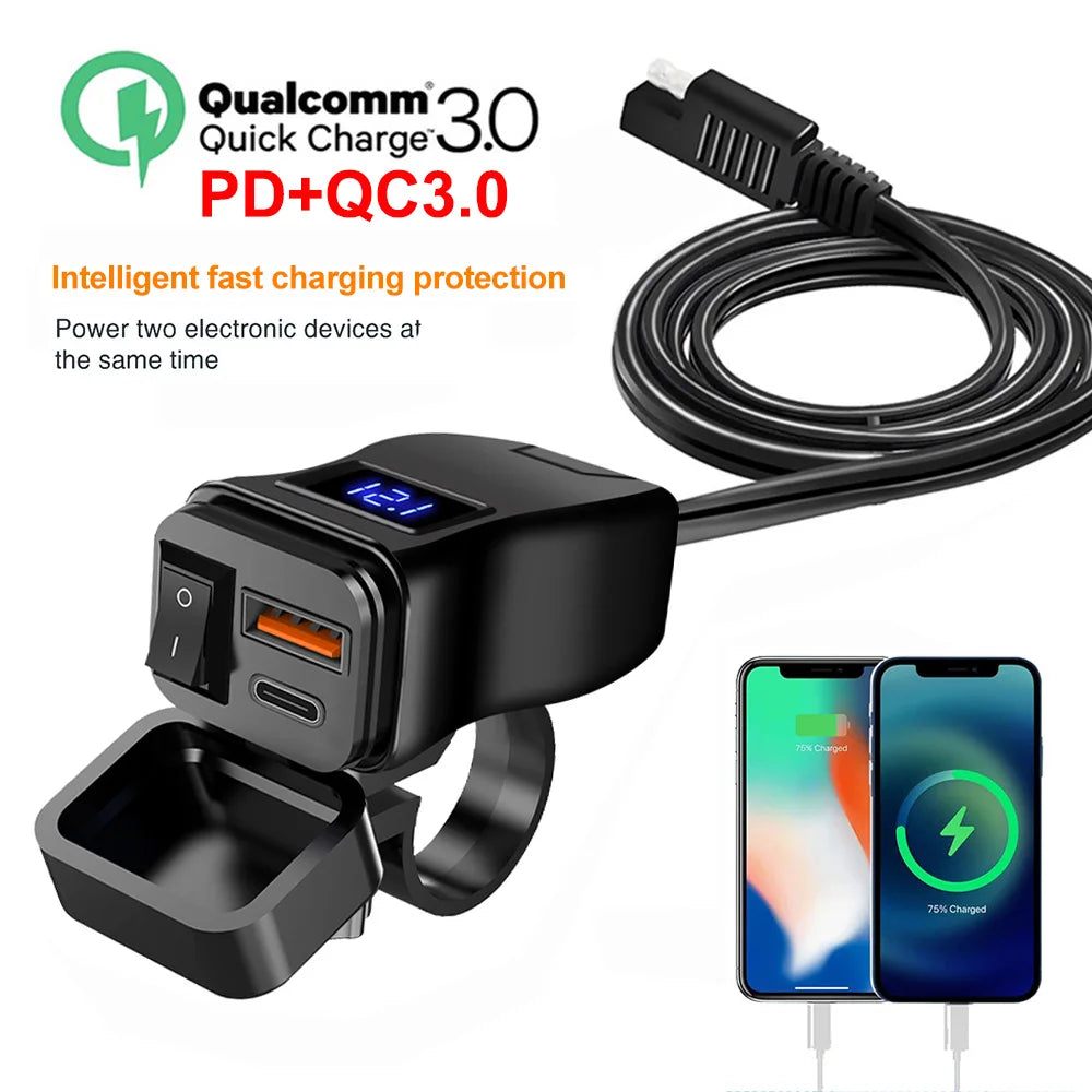 Cargador USB PD Dual QC3.0 Para Motocicleta, Carga Rápida Con Voltímetro, Termómetro, Pantalla Digital, Toma De Cargador Para Teléfono Móvil