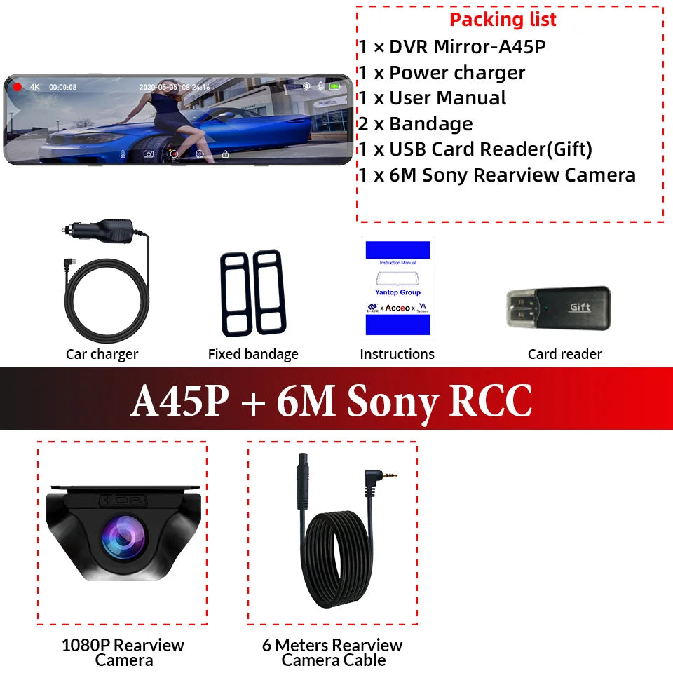 Cámara Para Coche E-ACE 4K WIFI, Grabadora DVR De 12 Pulgadas Con Espejo Retrovisor, Compatible Con 1080P Sony, Caja Negra, Cámara De Visión Trasera, Accesorios