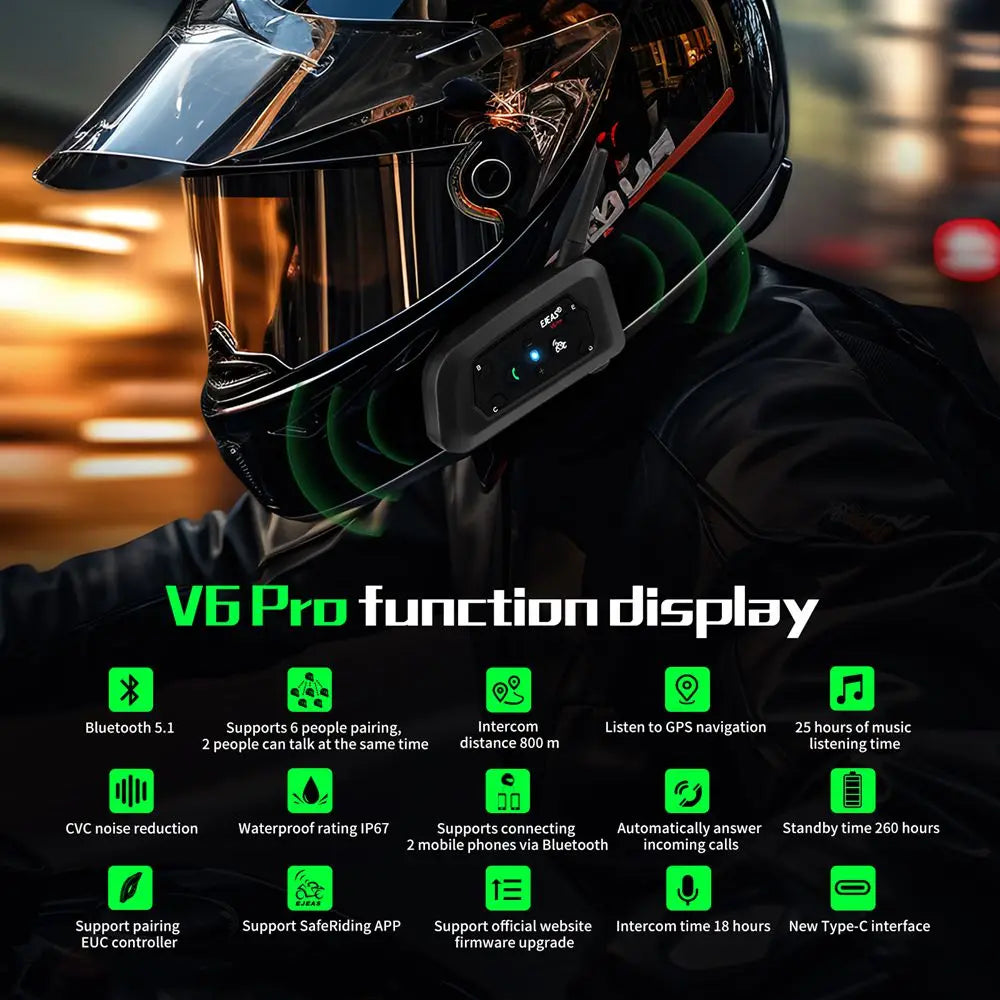 V6 PRO + Intercomunicador Para Casco De Motocicleta Auriculares Bluetooth Soporte EUC CVC Reducción De Ruido Impermeable IP67 Tiempo De Espera 260H