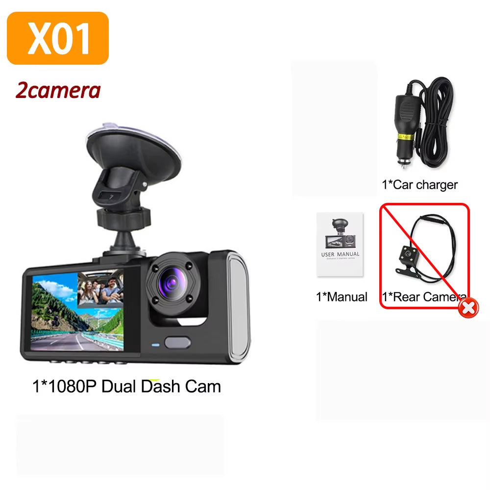 Cámara De Salpicadero Dvr 3 Para Coche, Grabadora De Vídeo Frontal Y Trasera Con Visión Nocturna IR, Camara Coche Delantera Grabar，Camara De Coche Grabación 24 Horas 1080P