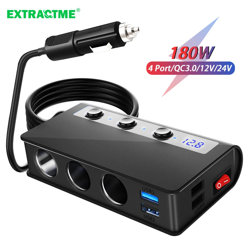 Extractme-Divisor De Encendedor De Cigarrillos De 180W, Adaptador De Cargador De Coche De Carga Rápida 3,0, 12V/24V, Toma De Carga Tipo USB De 4 Puertos Para Teléfono Y Ipad