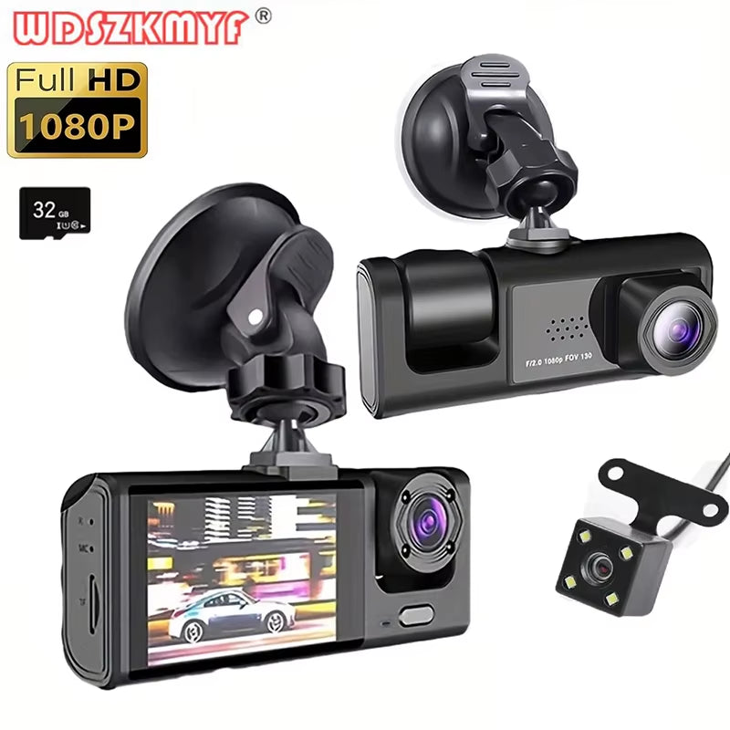 Cámara De Salpicadero Dvr 3 Para Coche, Grabadora De Vídeo Frontal Y Trasera Con Visión Nocturna IR, Camara Coche Delantera Grabar，Camara De Coche Grabación 24 Horas 1080P