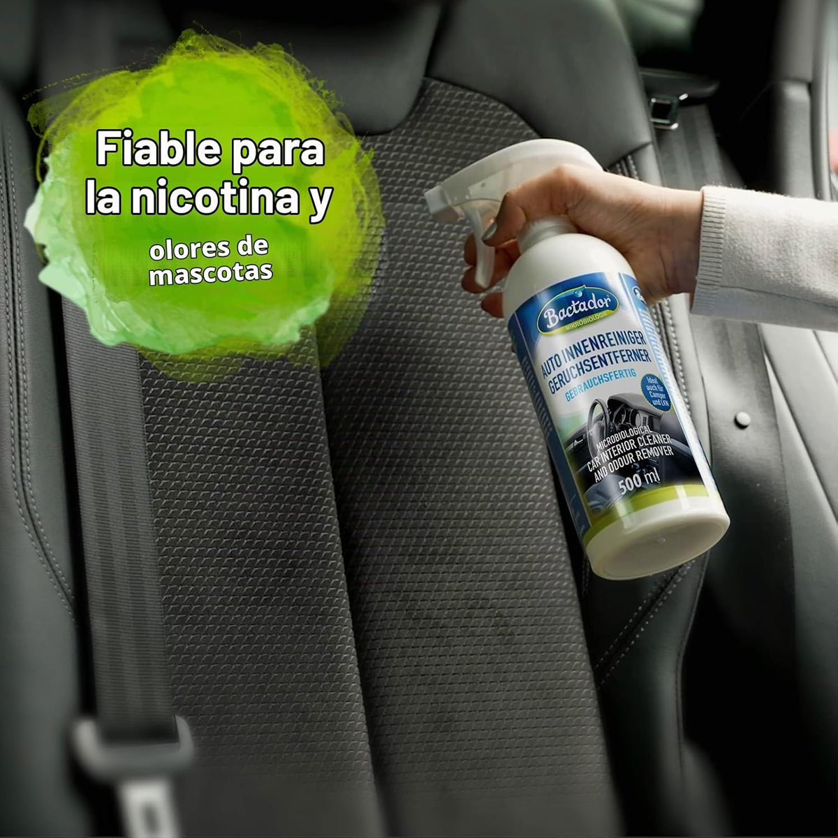 Bactador Spray Limpiador Y Eliminador De Olores Para Coches 500 Ml - Eliminador De Olores Microbiológicos Y Limpiador Para Interiores De Coches - Fiable Para Olores De Mascotas - Natural