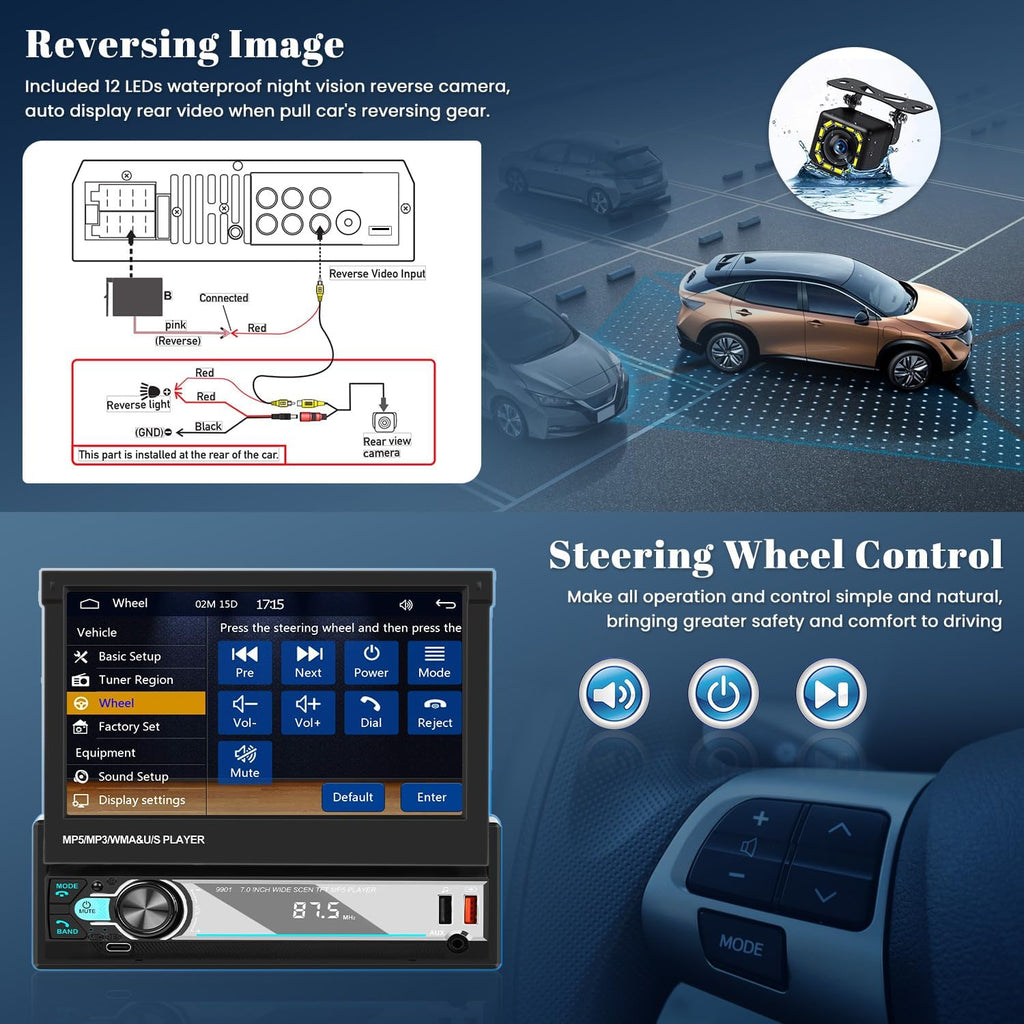 Hikity 7" 1 DIN Carplay Radio Coche Con Bluetooth FM Cámara Trasera | Pantalla Táctil Android Auto Wireless Carplay Mirror Link EQ Control Del Volante Manos Libres USB AUX