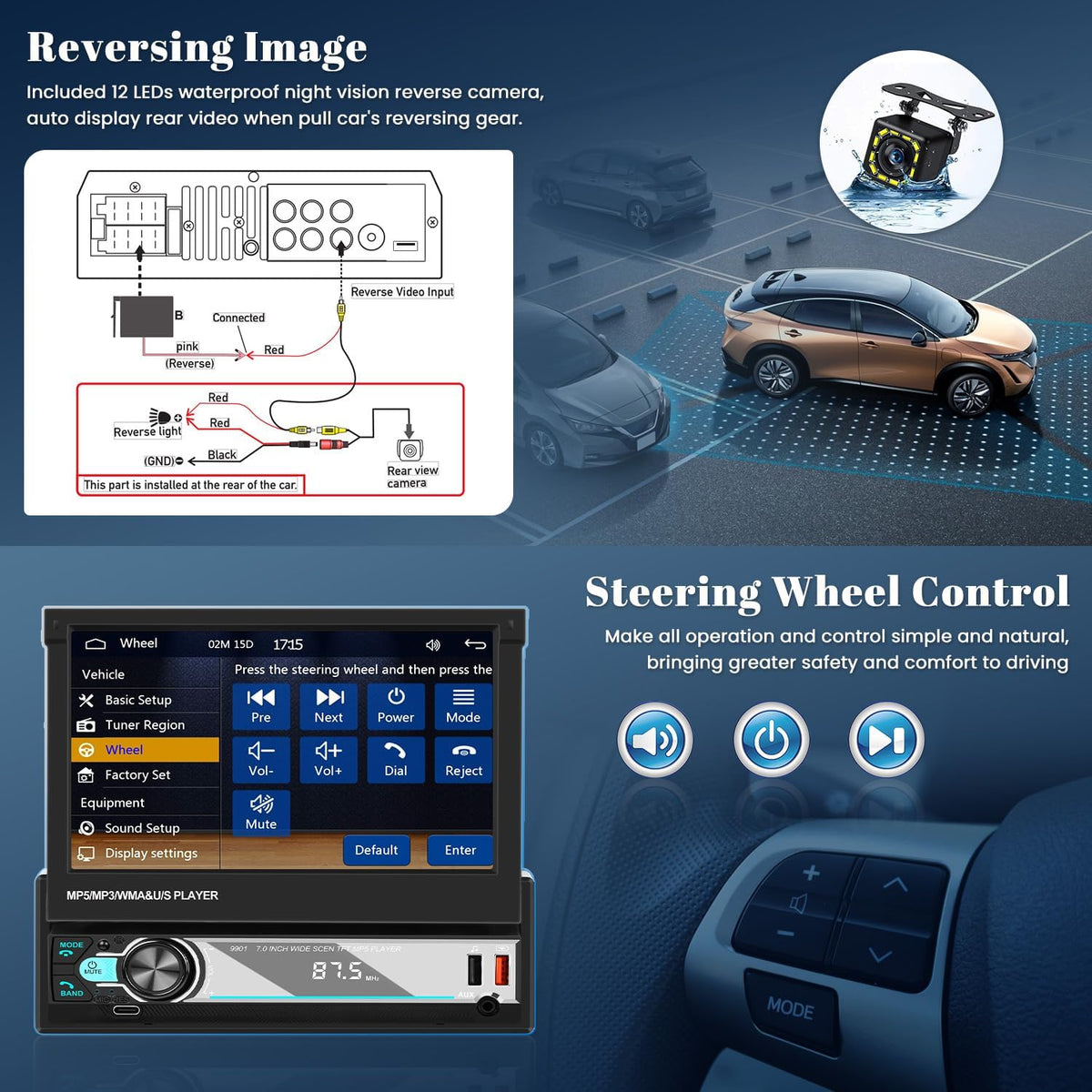 Hikity 7" 1 DIN Carplay Radio Coche Con Bluetooth FM Cámara Trasera | Pantalla Táctil Android Auto Wireless Carplay Mirror Link EQ Control Del Volante Manos Libres USB AUX