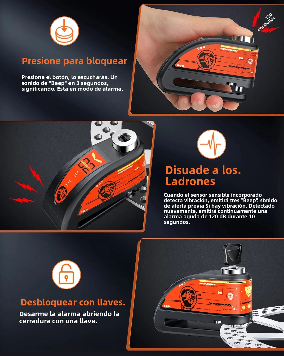 Alarma De Motocicleta, Bloqueo De Freno De Disco, Candado De Seguridad Para Rueda De Moto, Resistente Al Agua, 120Db, Alarma Antirrobo Fuerte, Bloqueo De Disco De Motocicleta