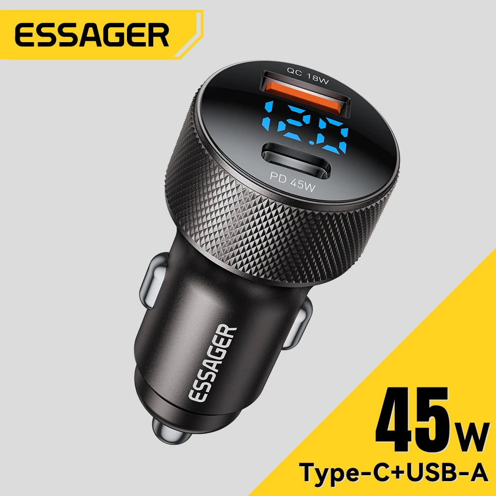Essager USB C Cargador De Coche 45W 2 Puertos PD3.0 QC3.0 Pantalla Digital Cargador De Teléfono De Coche Para Iphone 16 15 Xiaomi Huawei Samsung OPPO