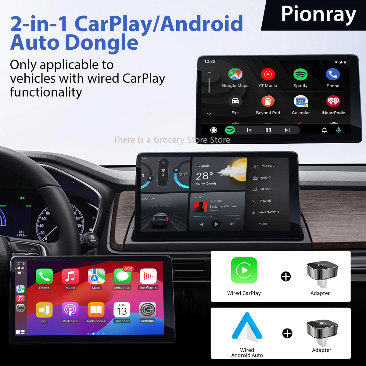 Nuevo Adaptador Inalámbrico Carplay Y Android Auto 2 En 1 Pionray, Wifi 5Ghz, Tipo-C/Usb, Plug and Play