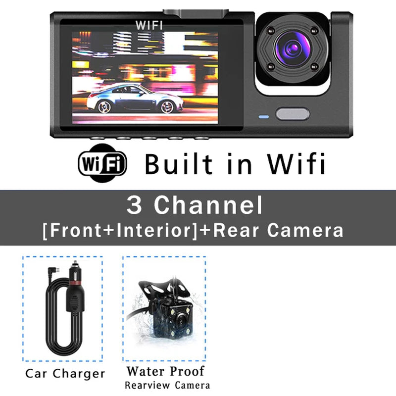 Wifi 3 Canales Coche DVR Cámara De Salpicadero De Tres Vías Dentro De La Cámara Del Vehículo DVR Grabadora FHD 1080P Vídeo Mini Registrador Dashcam Videocámara