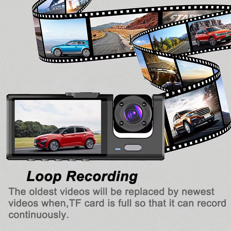 Cámara De Salpicadero Dvr 3 Para Coche, Grabadora De Vídeo Frontal Y Trasera Con Visión Nocturna IR, Camara Coche Delantera Grabar，Camara De Coche Grabación 24 Horas 1080P