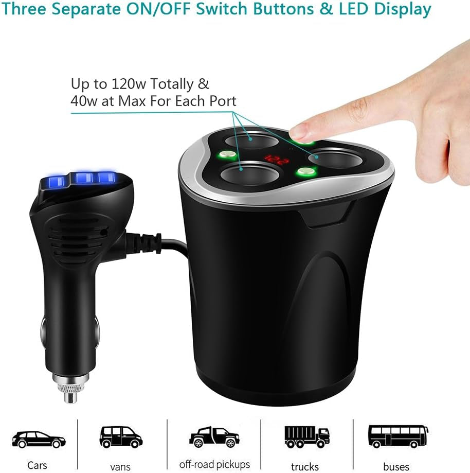 Cargador De Coche 3 USB Adaptador + 3 Sockets Encendedor De Cigarrillos Splitter 120W 12/24V Con LED Voltaje Display Separado On/Off Interruptor Sostenedor De Taza Para Iphone GPS & Dash CAM