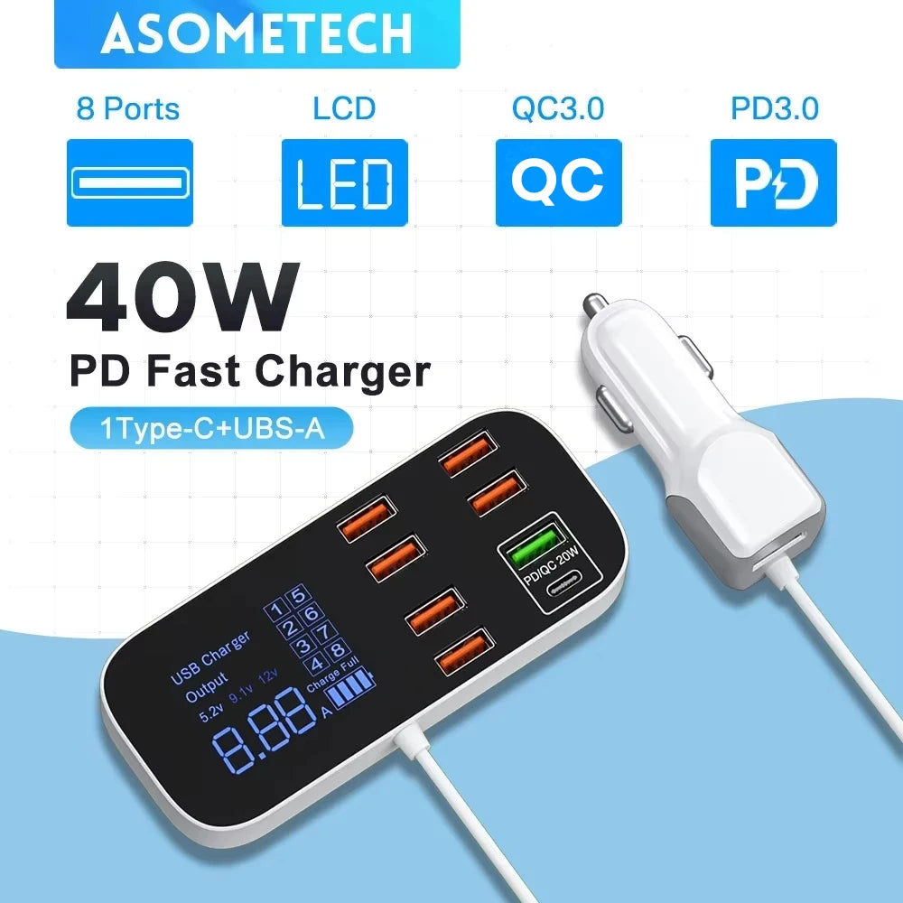 Cargador De Coche USB De 40W Y 8 Puertos QC3.0 PD Tipo C Cargador De Teléfono Rápido Con Pantalla LED Cargador Multi USB Para Iphone 14 Android Samsung