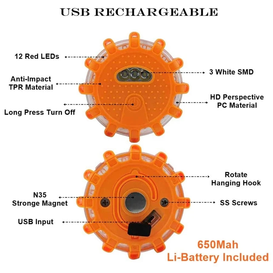 Luces LED Recargables Por USB Para Carretera, Luces De Emergencia, Advertencia En La Carretera, Baliza De Seguridad Para Coche, Kit De Llamarada De Disco Intermitente Con Base Magnética