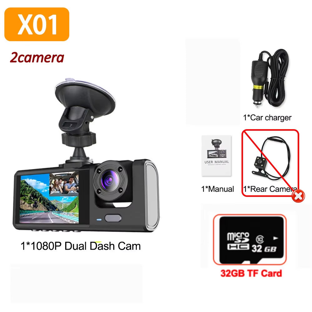 Cámara De Salpicadero Dvr 3 Para Coche, Grabadora De Vídeo Frontal Y Trasera Con Visión Nocturna IR, Camara Coche Delantera Grabar，Camara De Coche Grabación 24 Horas 1080P
