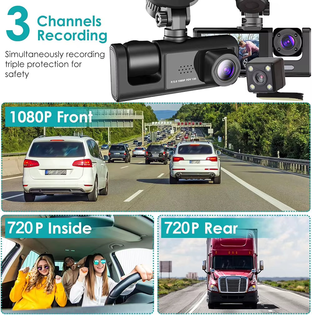 Cámara De Salpicadero Dvr 3 Para Coche, Grabadora De Vídeo Frontal Y Trasera Con Visión Nocturna IR, Camara Coche Delantera Grabar，Camara De Coche Grabación 24 Horas 1080P