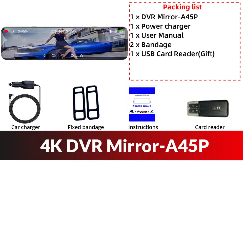 Cámara Para Coche E-ACE 4K WIFI, Grabadora DVR De 12 Pulgadas Con Espejo Retrovisor, Compatible Con 1080P Sony, Caja Negra, Cámara De Visión Trasera, Accesorios
