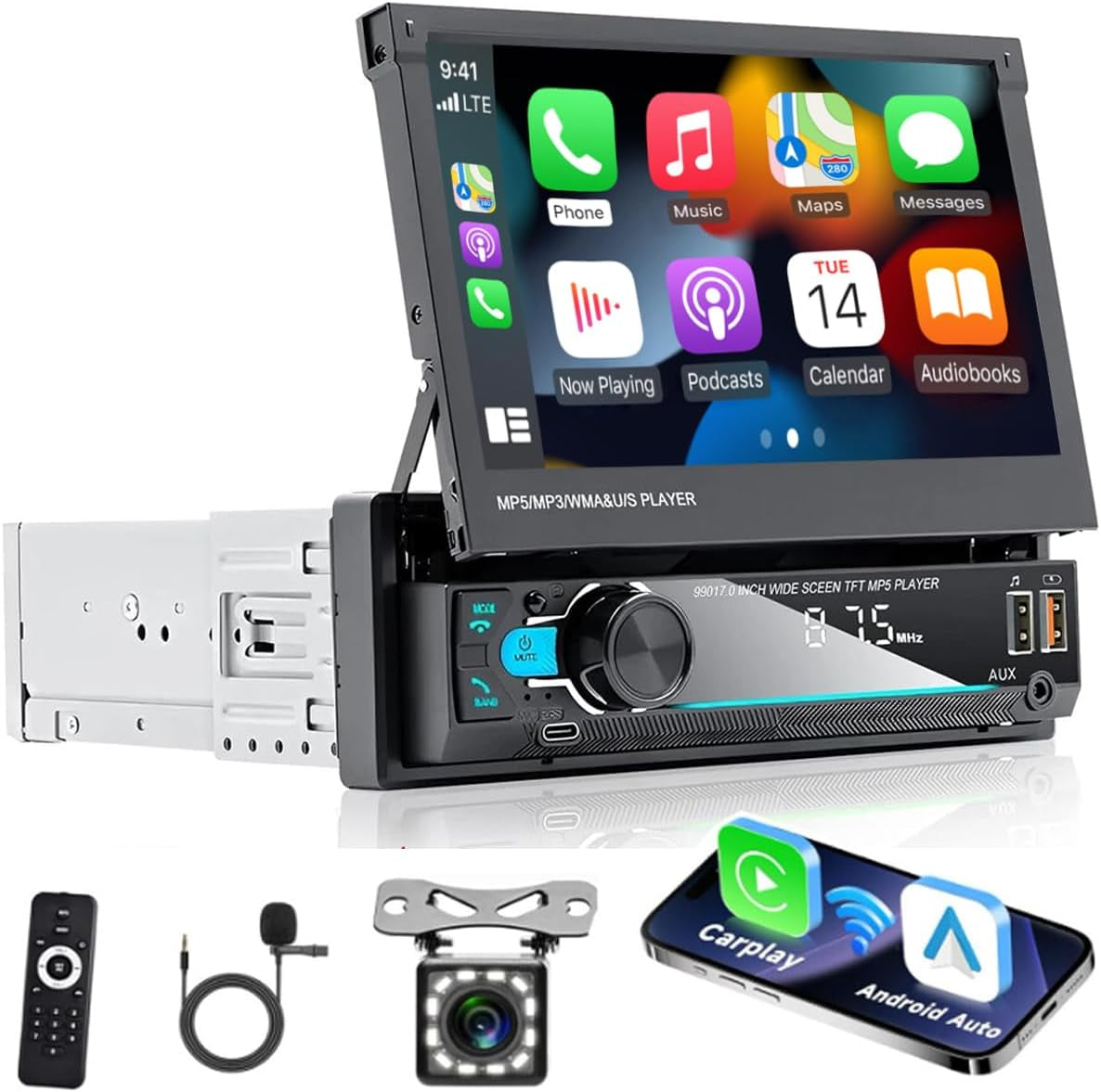 Hikity 7" 1 DIN Carplay Radio Coche Con Bluetooth FM Cámara Trasera | Pantalla Táctil Android Auto Wireless Carplay Mirror Link EQ Control Del Volante Manos Libres USB AUX